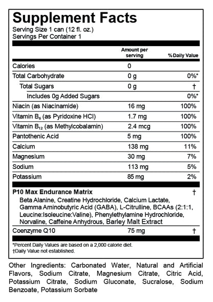 P10 Performance Max Endurance Drink - Sugar Free, Electrolytes, BCAAs, Creatine & 200mg Caffeine, 12oz Cans - Blue Raspberry (12-Pack)