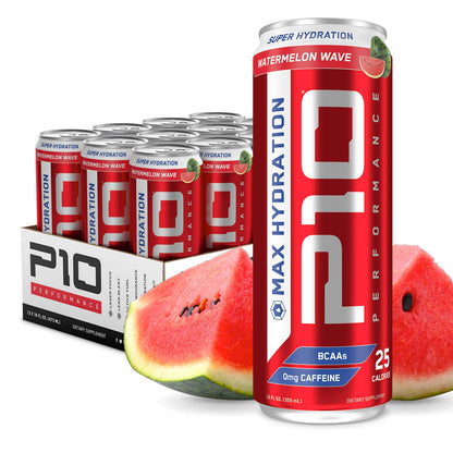 P10 Performance Max Hydration Fitness Recovery Drink, Restore Electrolytes, Recovery Nutrients, Hydration With BCAAs, Magnesium, Potassium; Caffeine Free, 12 Fl Oz Cans -  Watermelon Wave (12 Pack)