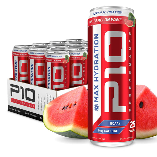 P10 Performance Max Hydration Fitness Recovery Drink, Restore Electrolytes, Recovery Nutrients, Hydration With BCAAs, Magnesium, Potassium; Caffeine Free, 12 Fl Oz Cans -  Watermelon Wave (12 Pack)
