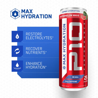 P10 Performance Max Hydration Fitness Recovery Drink, Restore Electrolytes, Recovery Nutrients, Hydration With BCAAs, Magnesium, Potassium; Caffeine Free, 12 Fl Oz Cans -  Watermelon Wave (12 Pack)
