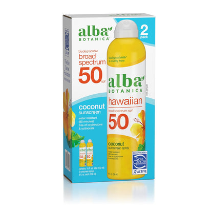 Alba Botanica - Spray Broad Spectrum SPF 50 Sunscreen, Water Resistant and Biodegradable - SPF 50, Hawaiian Coconut Sunscreen, 8 fl oz Bottle (Pack of 2)