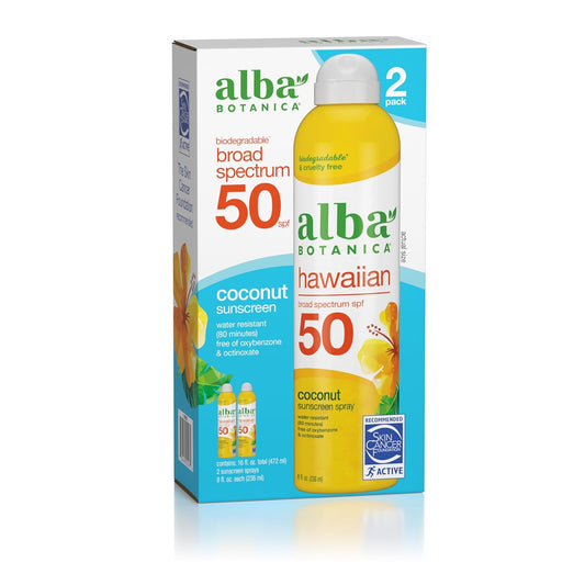Alba Botanica - Spray Broad Spectrum SPF 50 Sunscreen, Water Resistant and Biodegradable - SPF 50, Hawaiian Coconut Sunscreen, 8 fl oz Bottle (Pack of 2)