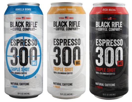 Black Rifle - 300 Coffee Triple Shot RTD Drink Mix Assorted Pack - Gluten Free; 300mg Caffeine; Good Protein; Includes Berry Mocha, Rich Mocha, Vanilla Bomb - Variety Pack, 15oz Cans (Pack of 12)