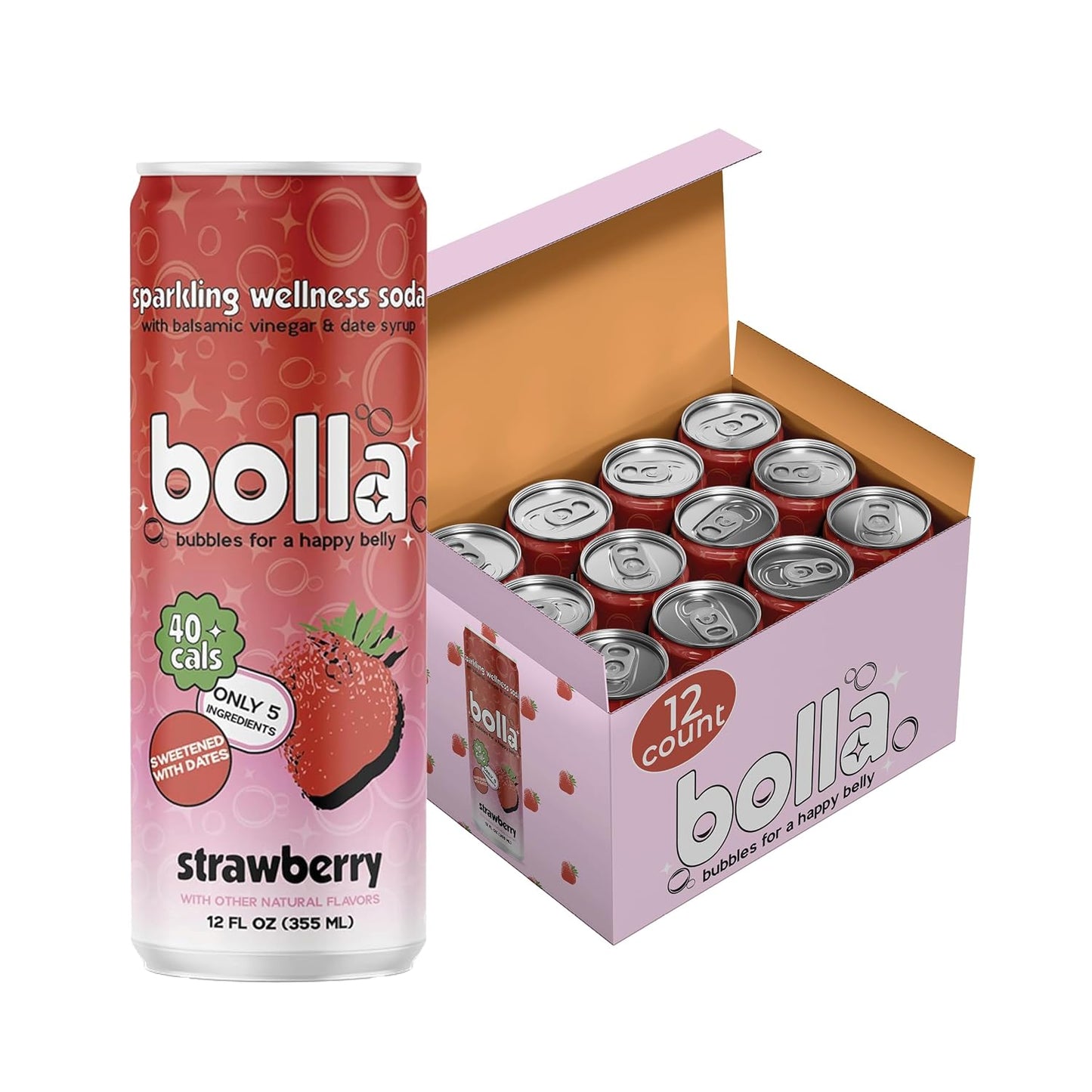 BOLLA Strawberry Sparkling Wellness Soda Naturally sweetened with dates - Crafted with balsamic vinegar - 5 simple ingredients - Low calorie - Antioxidant-rich - No added sugar - 12 FL OZ x 12 pack