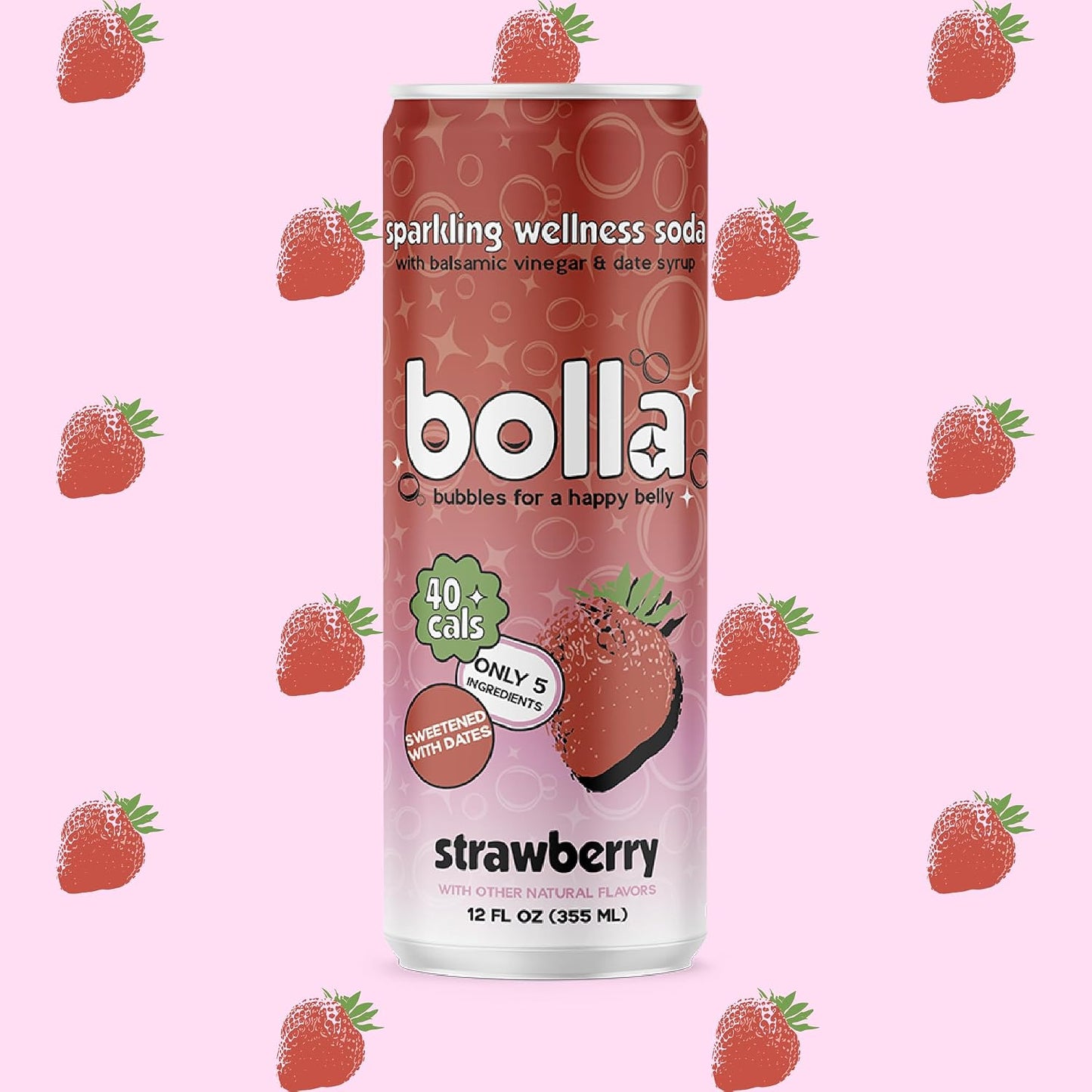 BOLLA Strawberry Sparkling Wellness Soda Naturally sweetened with dates - Crafted with balsamic vinegar - 5 simple ingredients - Low calorie - Antioxidant-rich - No added sugar - 12 FL OZ x 12 pack