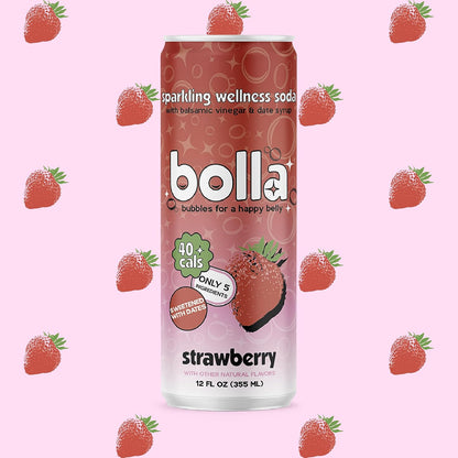 BOLLA Strawberry Sparkling Wellness Soda Naturally sweetened with dates - Crafted with balsamic vinegar - 5 simple ingredients - Low calorie - Antioxidant-rich - No added sugar - 12 FL OZ x 12 pack