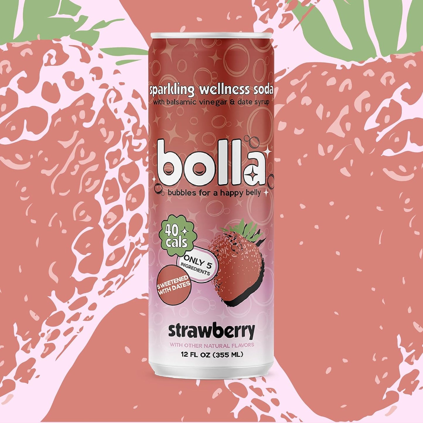 BOLLA Strawberry Sparkling Wellness Soda Naturally sweetened with dates - Crafted with balsamic vinegar - 5 simple ingredients - Low calorie - Antioxidant-rich - No added sugar - 12 FL OZ x 12 pack