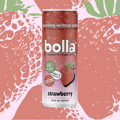 BOLLA Strawberry Sparkling Wellness Soda Naturally sweetened with dates - Crafted with balsamic vinegar - 5 simple ingredients - Low calorie - Antioxidant-rich - No added sugar - 12 FL OZ x 12 pack