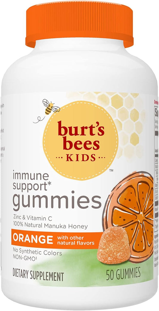 Burt's Bees Kids Immune Support Gummies: Vitamin C and Zinc, Natural Manuka Honey, Orange Flavor, 50 Count