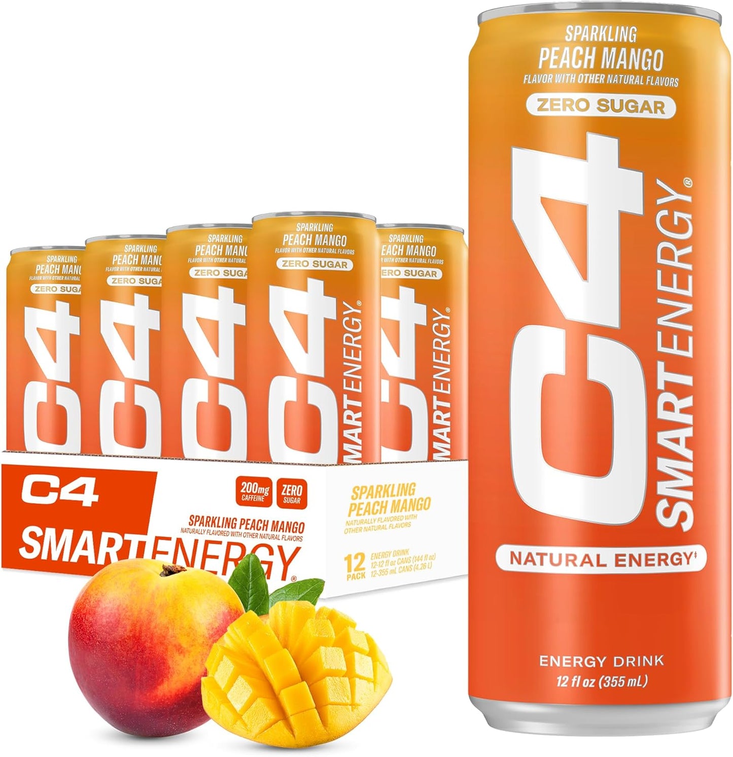 C4 Smart Energy Drink - Sugar Free Performance Fuel & Nootropic Brain Booster, Coffee Substitute or Alternative | Peach Mango Nectar 12 Oz - 24 Pack
