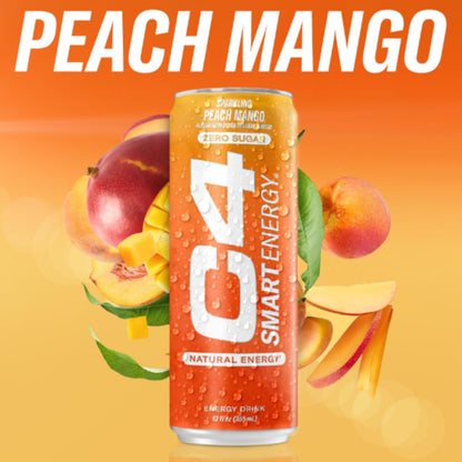 C4 Smart Energy Drink - Sugar Free Performance Fuel & Nootropic Brain Booster, Coffee Substitute or Alternative | Peach Mango Nectar 12 Oz - 24 Pack