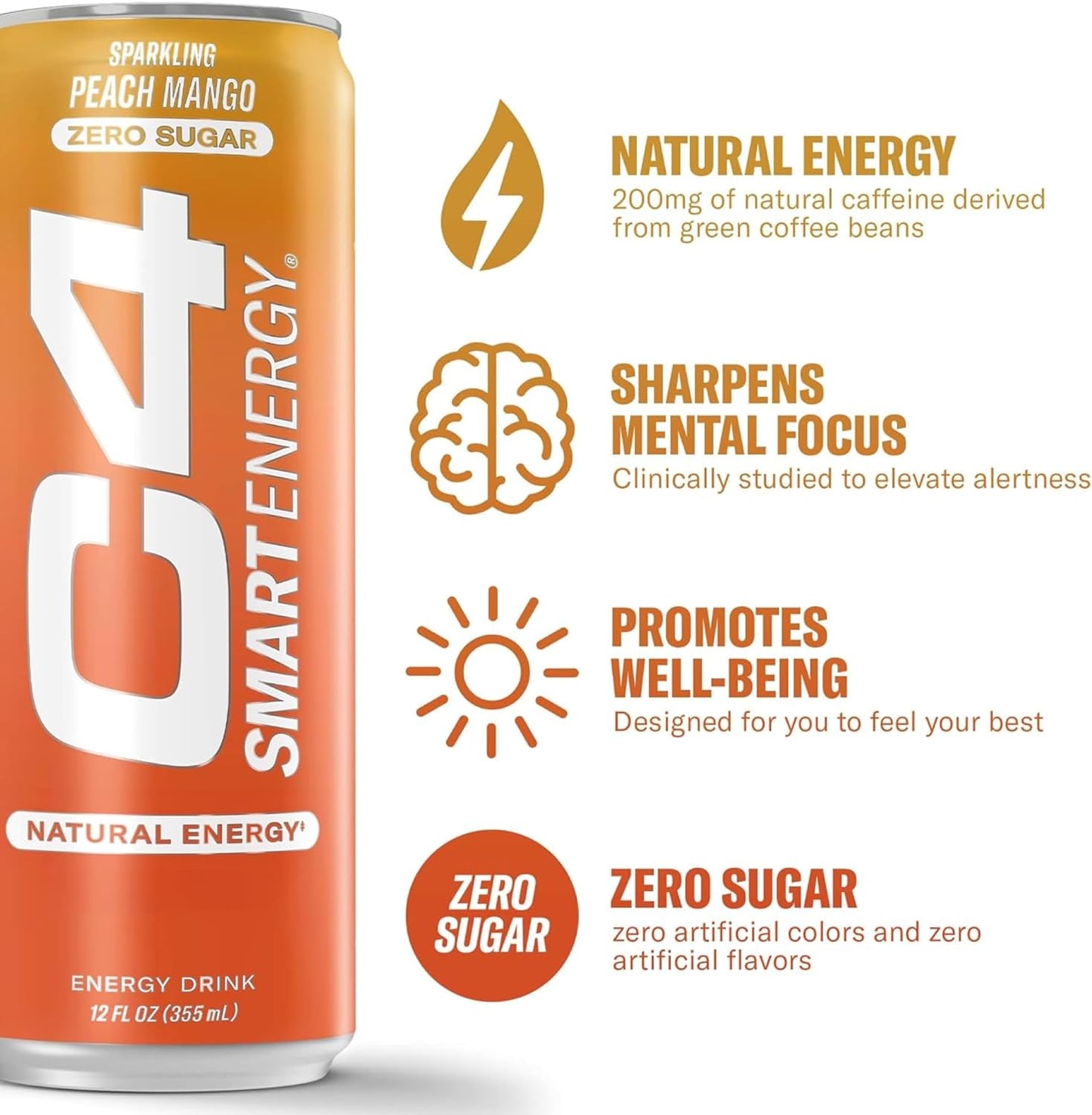 C4 Smart Energy Drink - Sugar Free Performance Fuel & Nootropic Brain Booster, Coffee Substitute or Alternative | Peach Mango Nectar 12 Oz - 24 Pack