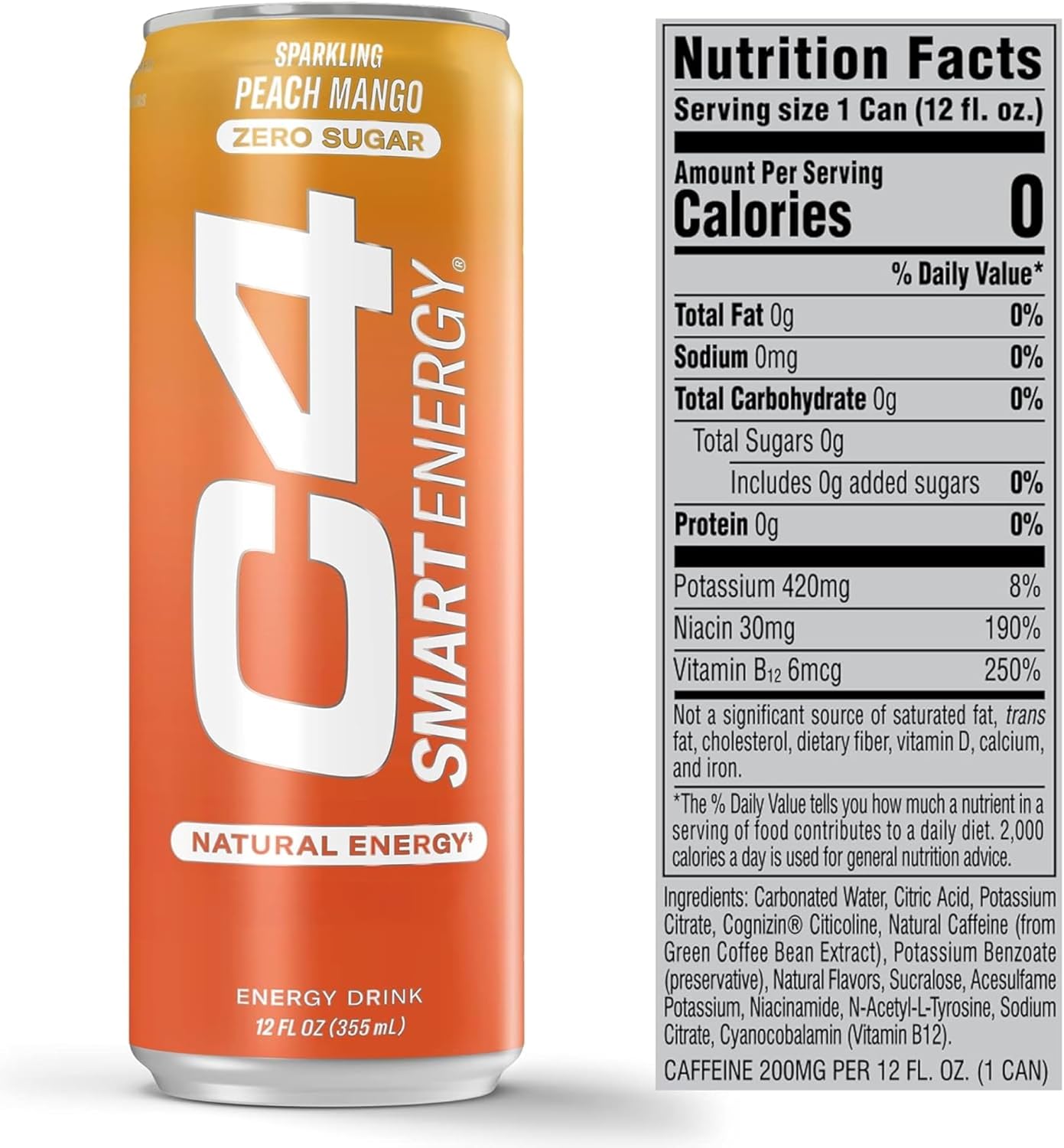 C4 Smart Energy Drink - Sugar Free Performance Fuel & Nootropic Brain Booster, Coffee Substitute or Alternative | Peach Mango Nectar 12 Oz - 24 Pack