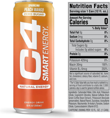 C4 Smart Energy Drink - Sugar Free Performance Fuel & Nootropic Brain Booster, Coffee Substitute or Alternative | Peach Mango Nectar 12 Oz - 24 Pack