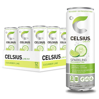 CELSIUS Sparkling, Sweetened with Stevia, Fitness Drink, Zero Sugar, 12oz. Slim Can | Cucumber Lime (Pack of 24)