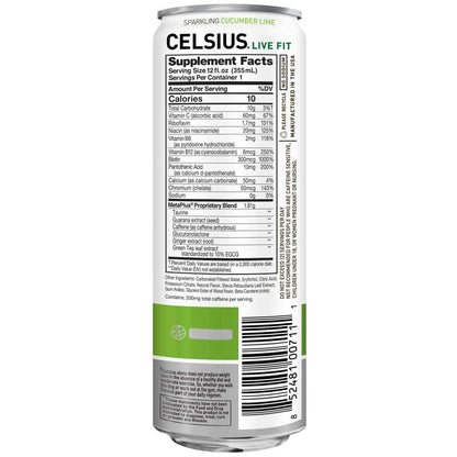 CELSIUS Sparkling, Sweetened with Stevia, Fitness Drink, Zero Sugar, 12oz. Slim Can | Cucumber Lime (Pack of 24)