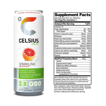 CELSIUS Sparkling, Sweetened with Stevia, Fitness Drink, Zero Sugar, 12oz. Slim Can | Grapefruit (Pack of 12)