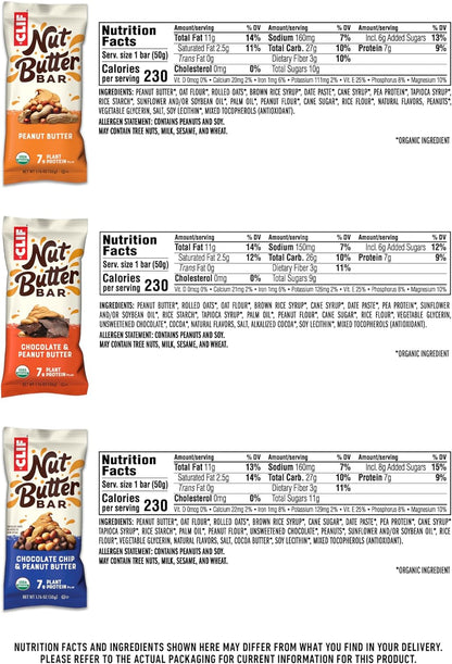 CLIF Nut Butter Bar - Organic Snack Bars - Variety Pack - Organic - Plant Protein - Non-GMO (1.76 Ounce Protein Snack Bars, 12 Count)