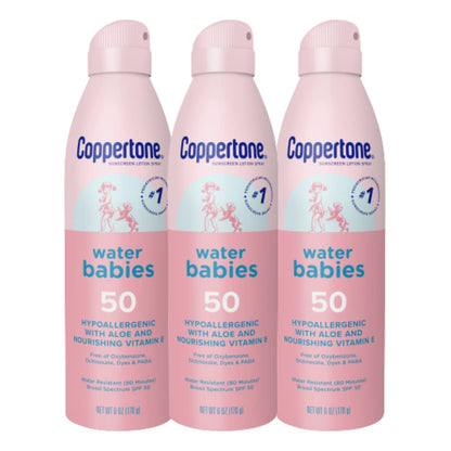 Coppertone Water Babies - Baby Sunscreen Spray SPF 50, Spray On Sunscreen for Babies, Water Resistant, 6 Oz (Pack of 3)