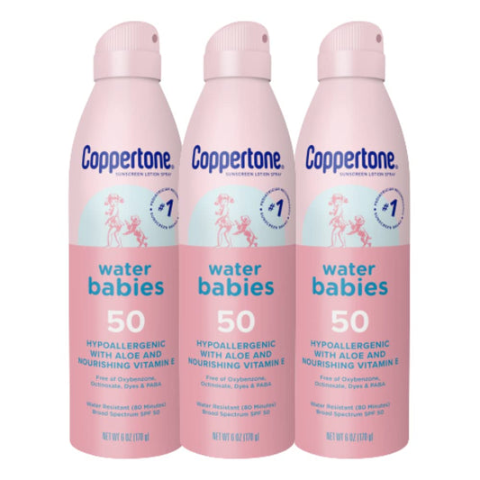Coppertone Water Babies - Baby Sunscreen Spray SPF 50, Spray On Sunscreen for Babies, Water Resistant, 6 Oz (Pack of 3)