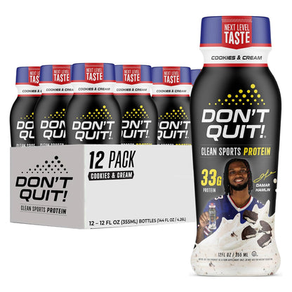 DON’T QUIT Clean Sports Protein Shake - 33 Grams of Protein Per Serving with 26 Vitamins and Minerals and Only 1 Gram of Sugar - No Artificial Colors, Flavors, or Sweeteners (Cookies & Cream, 12 Pack)