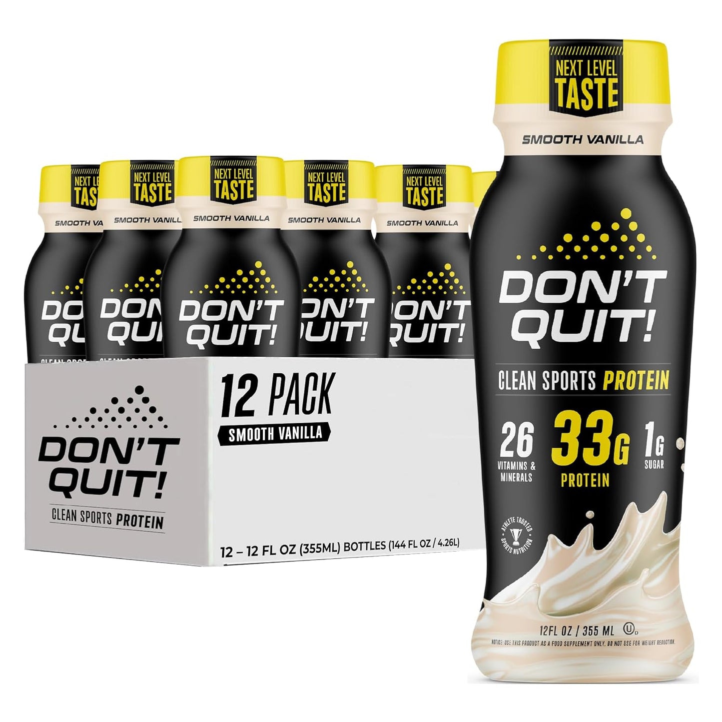 DON’T QUIT Clean Sports Protein Shake - 33 Grams of Protein Per Serving with 26 Vitamins and Minerals and Only 1 Gram of Sugar - No Artificial Colors, Flavors, or Sweeteners (Rich Chocolate, 12 Pack)