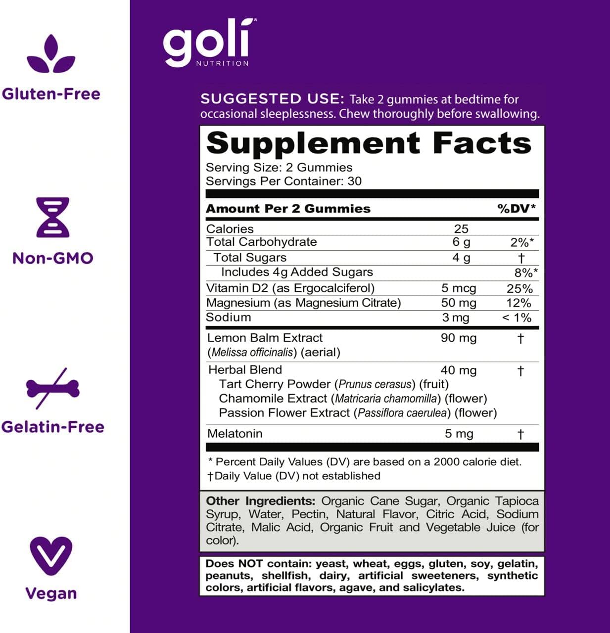 GOLI - DREAMY SLEEP - Melatonin, Lemon Balm Extract, Magnesium, Vitamin D - Gluten Free, Non-GMO, Vegan - (120) Gummies