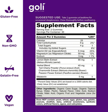 GOLI - DREAMY SLEEP - Melatonin, Lemon Balm Extract, Magnesium, Vitamin D - Gluten Free, Non-GMO, Vegan - (120) Gummies