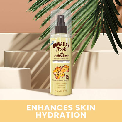 Hawaiian Tropic Weightless Hydration Dry Oil Sunscreen Spray SPF 15, 5oz | Sunscreen Oil Mist, SPF 15 Sunblock Spray, Oxybenzone-Free, 5oz