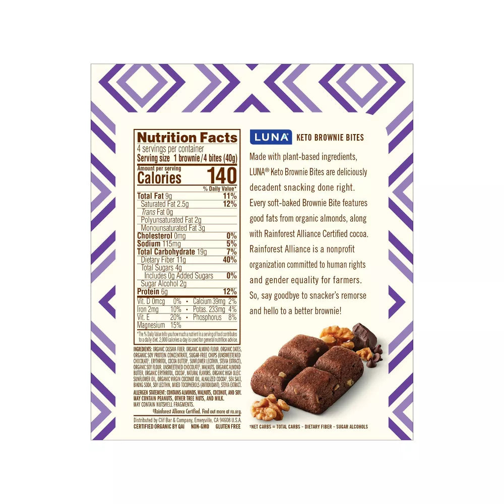 LUNA - Keto Brownie Bites - Organic Almonds, Baked - Walnut Fudge, (24) Brownies
