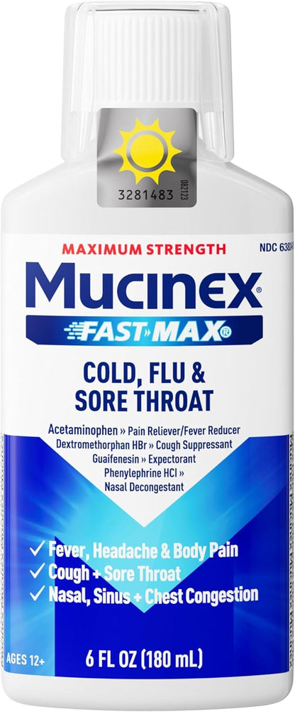 Mucinex FastMax Cold Flu Sore Throat Relief Liquid Fluid Ounce, 6 Fl Oz