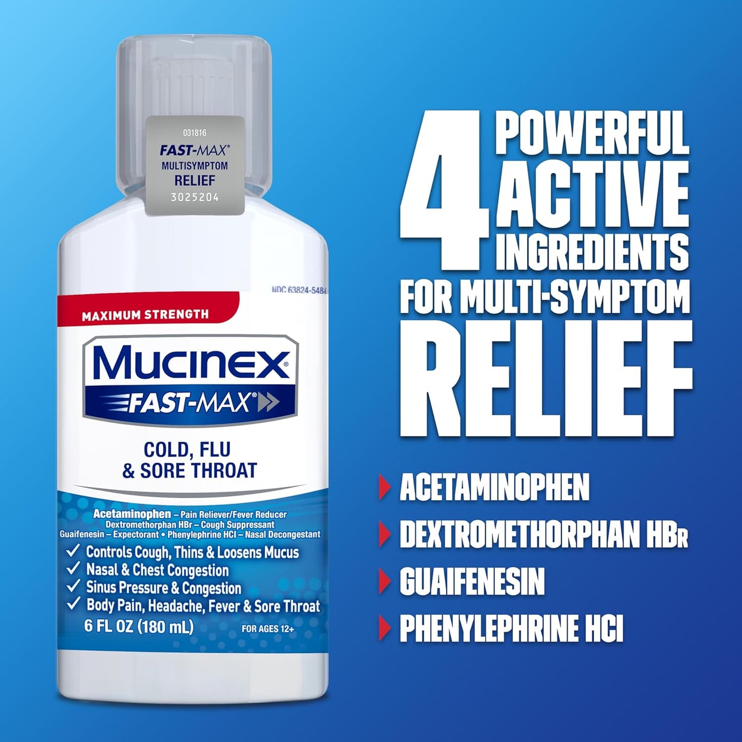 Mucinex FastMax Cold Flu Sore Throat Relief Liquid Fluid Ounce, 6 Fl Oz