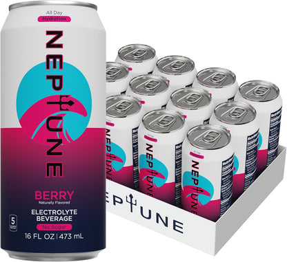 Neptune Sugar Free Electrolyte Drink, Naturally Flavored Water with Electrolytes for Daily Hydration, Pre or Post Workout, Fitness, Low Calorie Non Carbonated Electrolyte Water, 16oz Cans - Berry (12-Pack)