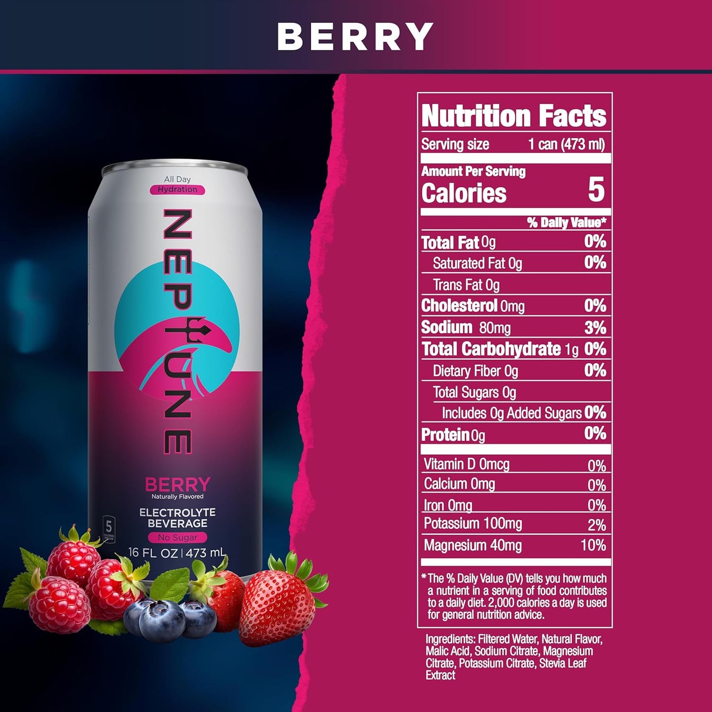 Neptune Sugar Free Electrolyte Drink, Naturally Flavored Water with Electrolytes for Daily Hydration, Pre or Post Workout, Fitness, Low Calorie Non Carbonated Electrolyte Water, 16oz Cans - Berry (12-Pack)