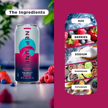 Neptune Sugar Free Electrolyte Drink, Naturally Flavored Water with Electrolytes for Daily Hydration, Pre or Post Workout, Fitness, Low Calorie Non Carbonated Electrolyte Water, 16oz Cans - Berry (12-Pack)