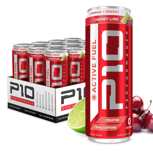 P10 Performance - Active Fuel Fitness Recovery Energy Drink, B Vitamins, Electrolytes for Hydration Recovery, Zero Sugar & Zero Calories, 150mg Caffeine - Cherry Lime,  12oz Cans (12 Pack)