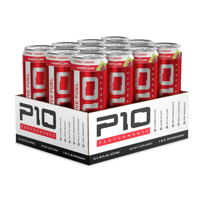 P10 Performance - Active Fuel Fitness Recovery Energy Drink, B Vitamins, Electrolytes for Hydration Recovery, Zero Sugar & Zero Calories, 150mg Caffeine - Cherry Lime,  12oz Cans (12 Pack)