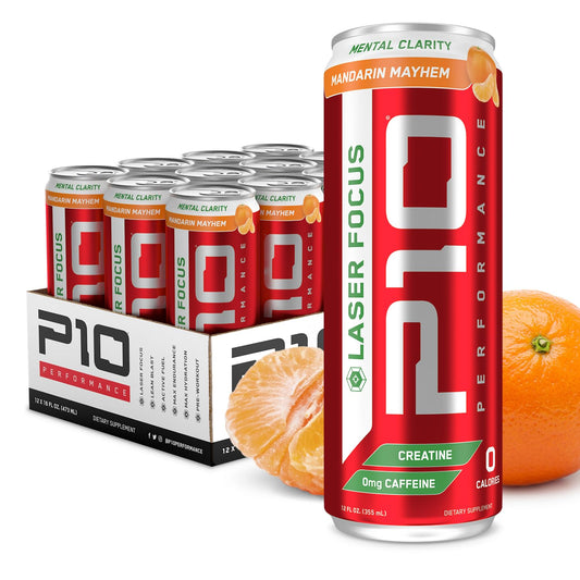 P10 Performance Sugar-Free Laser Focus Drink - Focus & Alertness, Electrolytes & Creatine - Caffeine-Free -  Mandarin Mayhem, 12oz Cans (Pack of 12)