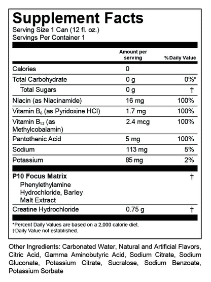 P10 Performance Sugar-Free Laser Focus Drink - Focus & Alertness, Electrolytes & Creatine - Caffeine-Free -  Mandarin Mayhem, 12oz Cans (Pack of 12)