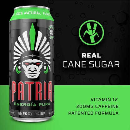 Patria Energia Pura Drink -  100% Natural Flavors, Cane Sugar- 200mg of Caffeine - 16oz Cans, Natural Orange Flavor (12 Pack)
