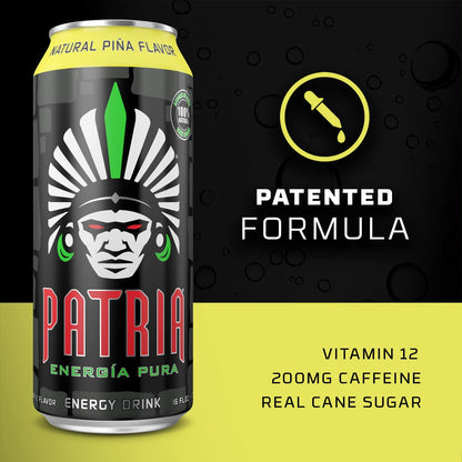 Patria Energia Pura Drink -  100% Natural Flavors, Cane Sugar- 200mg of Caffeine - 16oz Cans, Natural Orange Flavor (12 Pack)