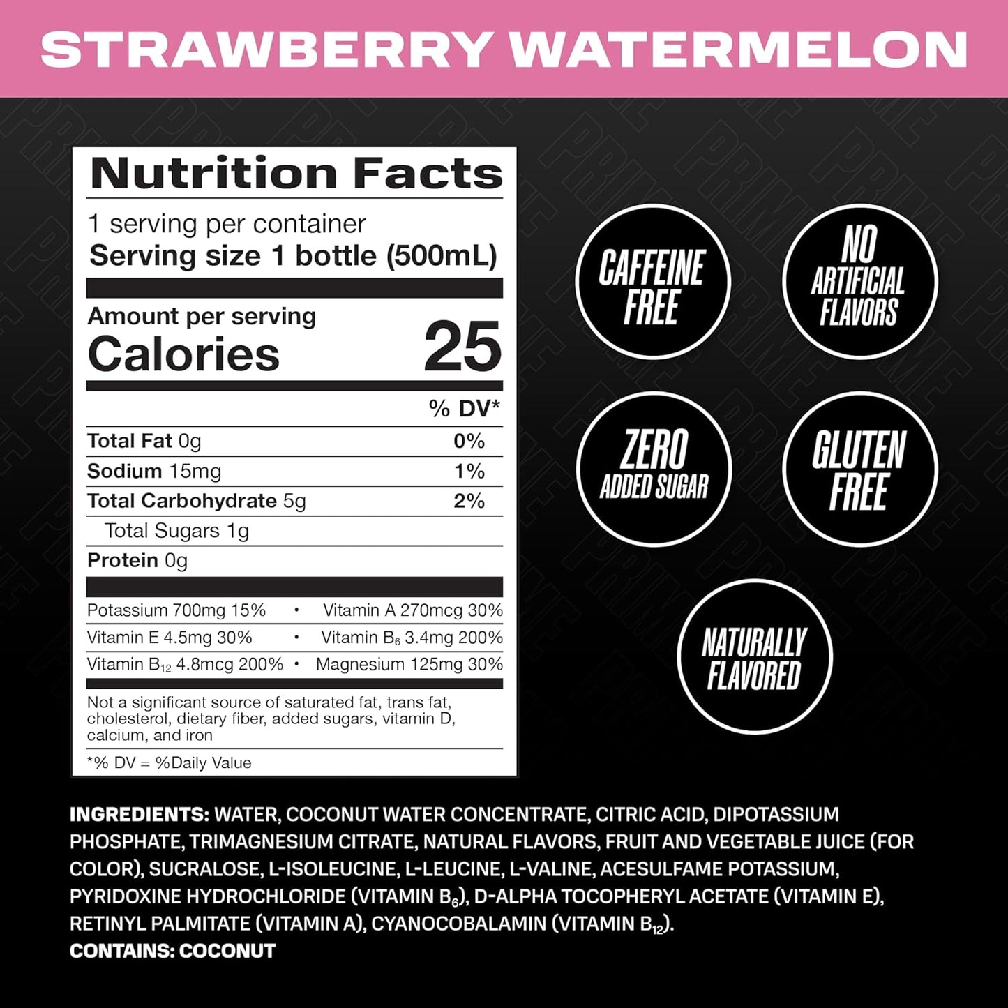 PRIME Hydration - Sports Drinks, Electrolyte Enhanced for Replenishing Fluids, 250mg BCAAs, B Vitamins, Antioxidants, Low Sugar - STRAWBERRY WATEREMELON, 16.9 Fl Oz (12 Pack)