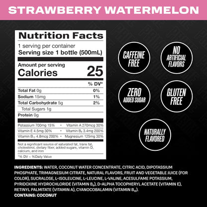 PRIME Hydration - Sports Drinks, Electrolyte Enhanced for Replenishing Fluids, 250mg BCAAs, B Vitamins, Antioxidants, Low Sugar - STRAWBERRY WATEREMELON, 16.9 Fl Oz (12 Pack)