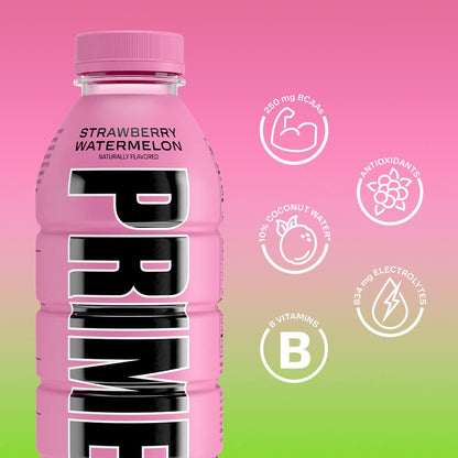 PRIME Hydration - Sports Drinks, Electrolyte Enhanced for Replenishing Fluids, 250mg BCAAs, B Vitamins, Antioxidants, Low Sugar - STRAWBERRY WATEREMELON, 16.9 Fl Oz (12 Pack)