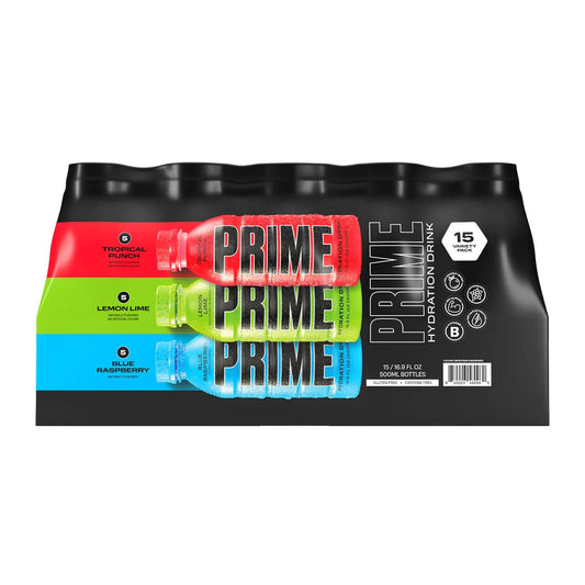 PRIME Hydration - Sports Drink, Electrolyte Enhanced, 250mg BCAAs, B Vitamins, Antioxidants - Tropical Punch, Lemon Lime, Blue Raspberry - Mix Flavors Variety Pack, (15) x 16.9oz Bottles