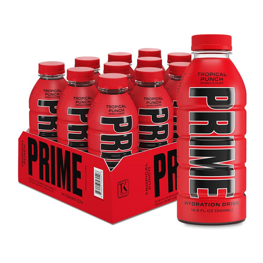 PRIME Hydration - Sports Drinks, Electrolyte Enhanced for Replenishing Fluids, 250mg BCAAs, B Vitamins, Antioxidants, Low Sugar - TROPICAL PUNCH, 16.9 Fl Oz (12 Pack)
