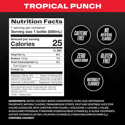 PRIME Hydration - Sports Drinks, Electrolyte Enhanced for Replenishing Fluids, 250mg BCAAs, B Vitamins, Antioxidants, Low Sugar - TROPICAL PUNCH, 16.9 Fl Oz (12 Pack)