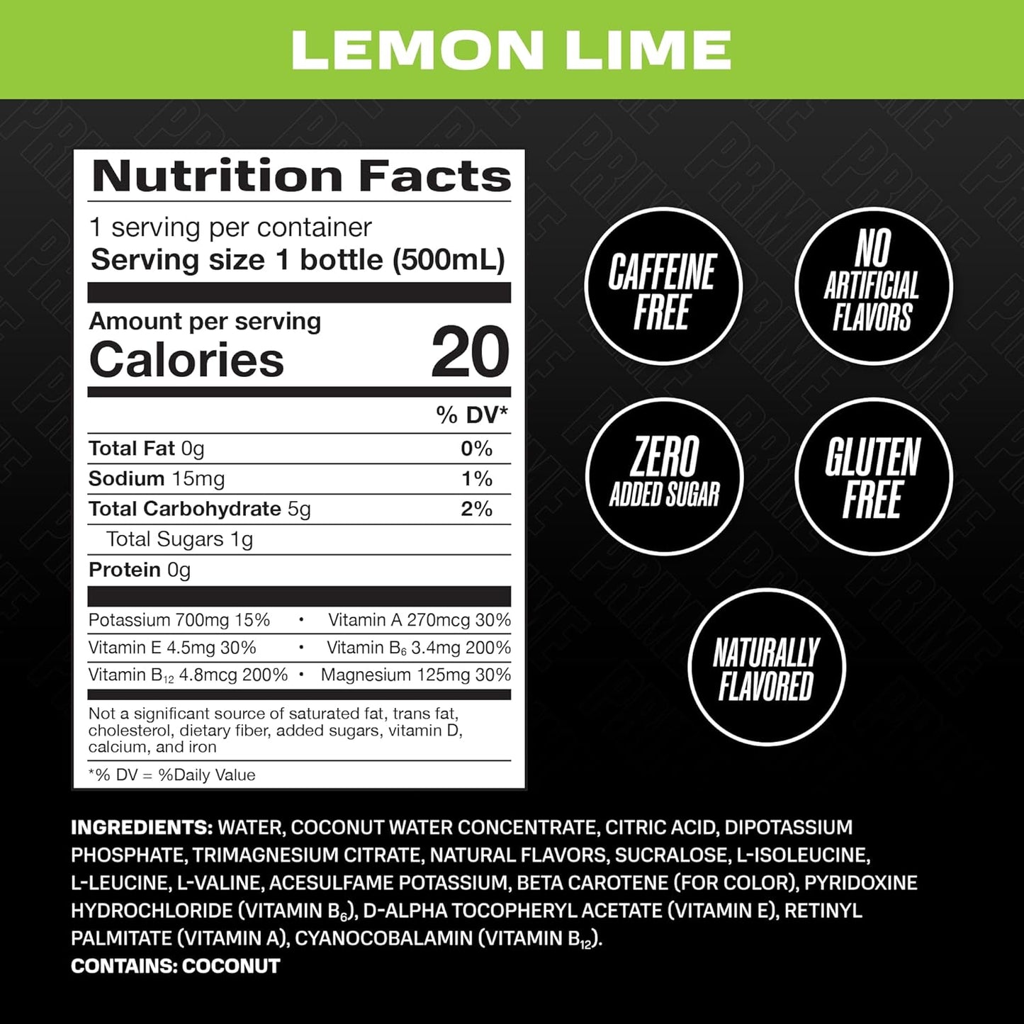 PRIME Hydration - Sports Drinks, Electrolyte Enhanced for Replenishing Fluids, 250mg BCAAs, B Vitamins, Antioxidants, Low Sugar - LEMON LIME, 16.9 Fl Oz (12 Pack)