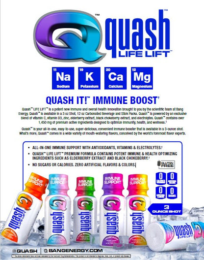 VPX BANG - QUASH Immune Boost & Support, With Vitamins, Elderberry, Zinc, Electrolytes - 3oz Shot - 12-Pack (Cotton Candy)