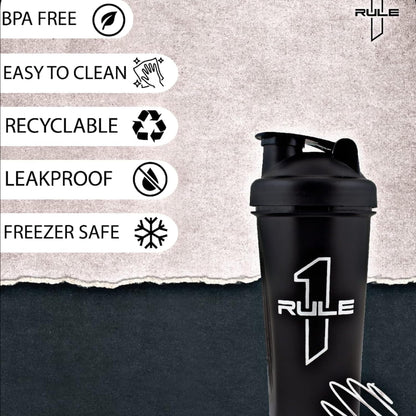 RULE 1 (R1) Proteins - Premium Shaker Bottle - 100% BPA FREE, Leakproof  With Whisking Spring, Ideal For Protein, Pre & Post Workout Drinks - Black, 25oz (700ml)